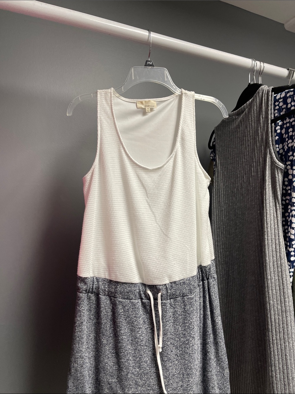 Women's White & Gray Sleeveless Tank Dress with Drawstring Waist